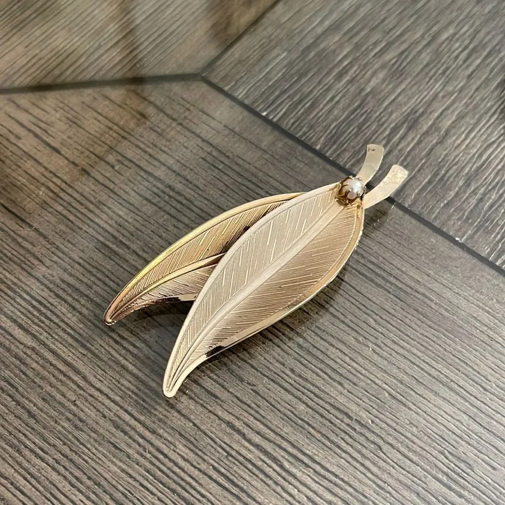 Vintage Double Leaf Gold-tone Pin with Faux Pearl Accent